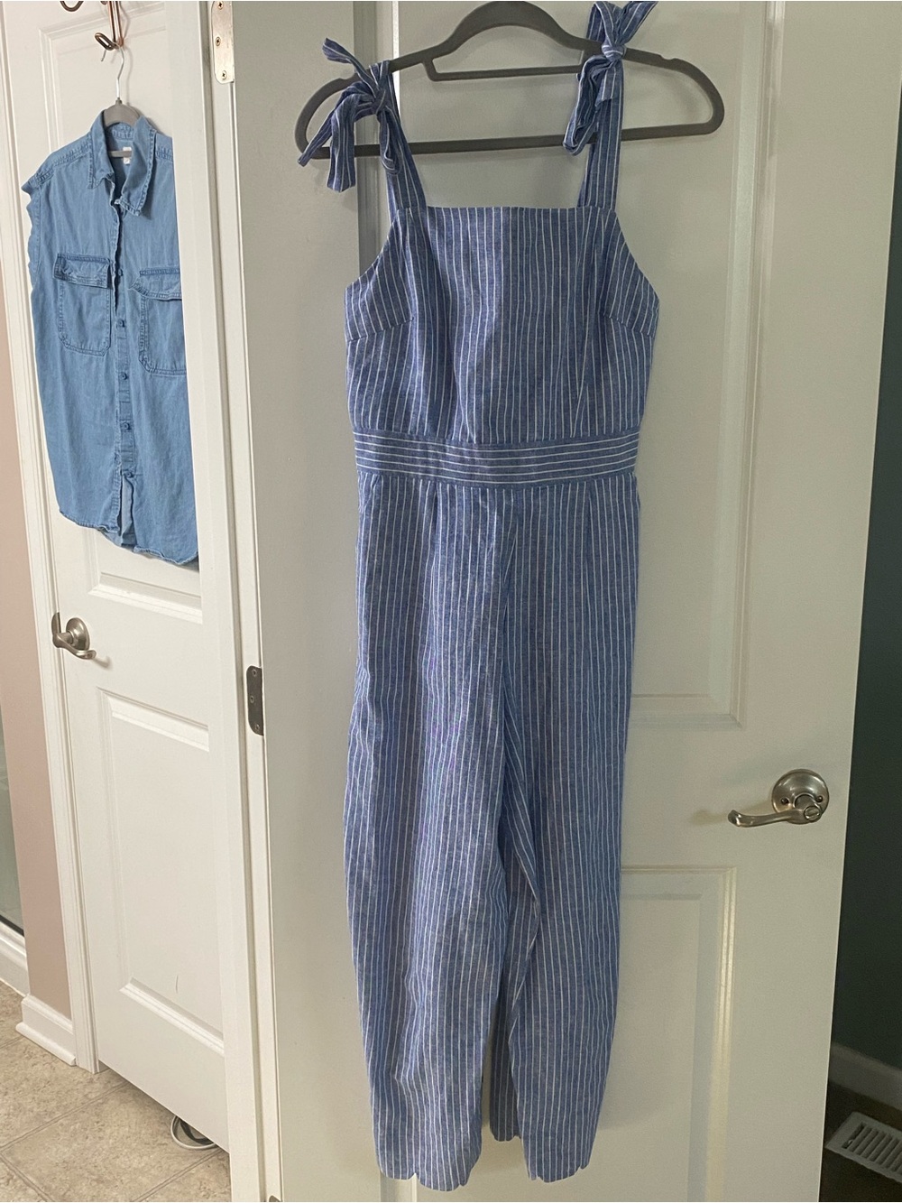Striped Tie-Shoulder Jumpsuit - Blue